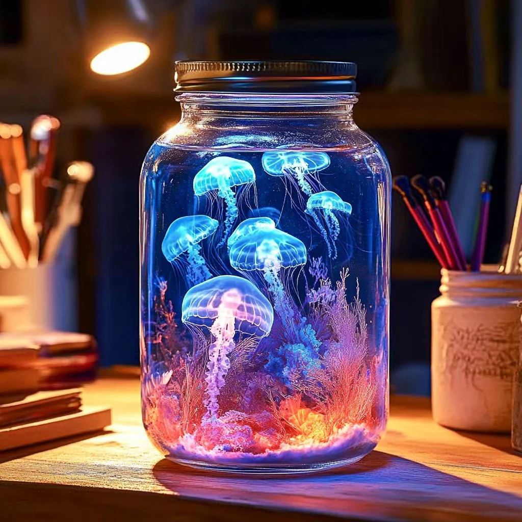Glow-in-the-Dark Aquarium Jar showcasing vibrant glowing fish and aquatic plants.