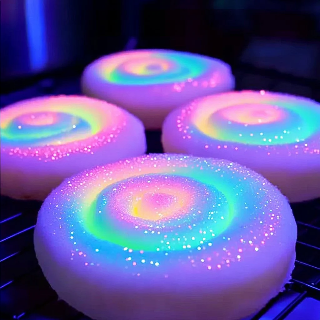Glow-in-the-dark cotton candy cookies on a colorful plate