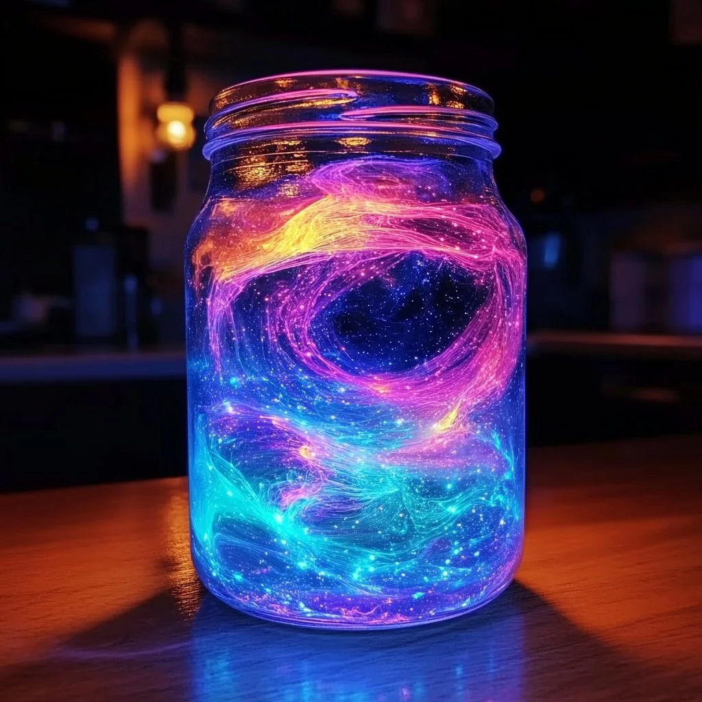 A stunning glow-in-the-dark jar designed to resemble a galaxy
