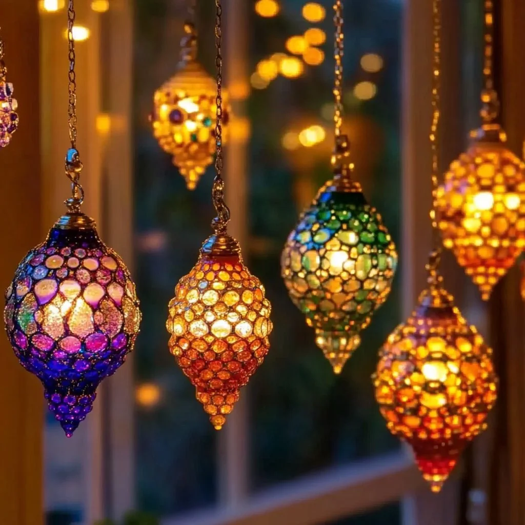 Glow-in-the-dark melted bead suncatchers hanging by a window.