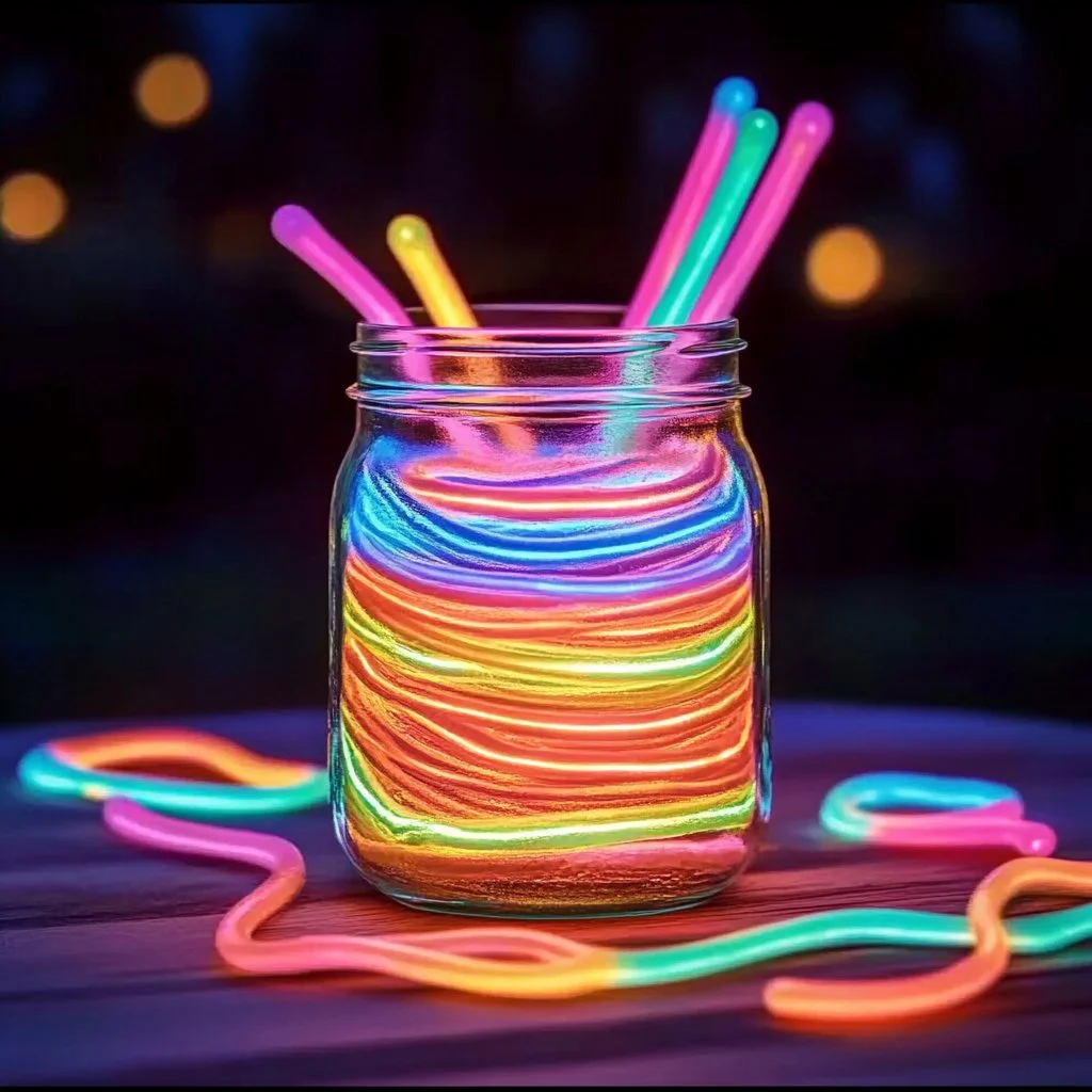 Vibrant glow stick mason jar filled with colorful glow sticks and glowing decorations.