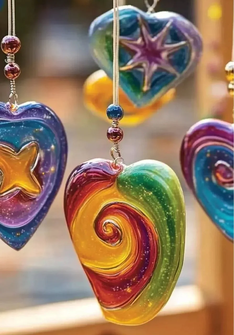 Colorful glue suncatchers hanging in a sunlit window, adding magic to the decor.