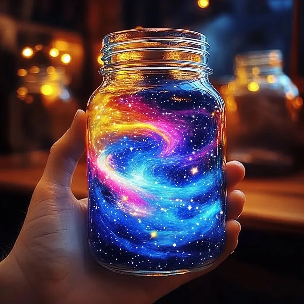 DIY galaxy in a mason jar craft project with vibrant colors and star details