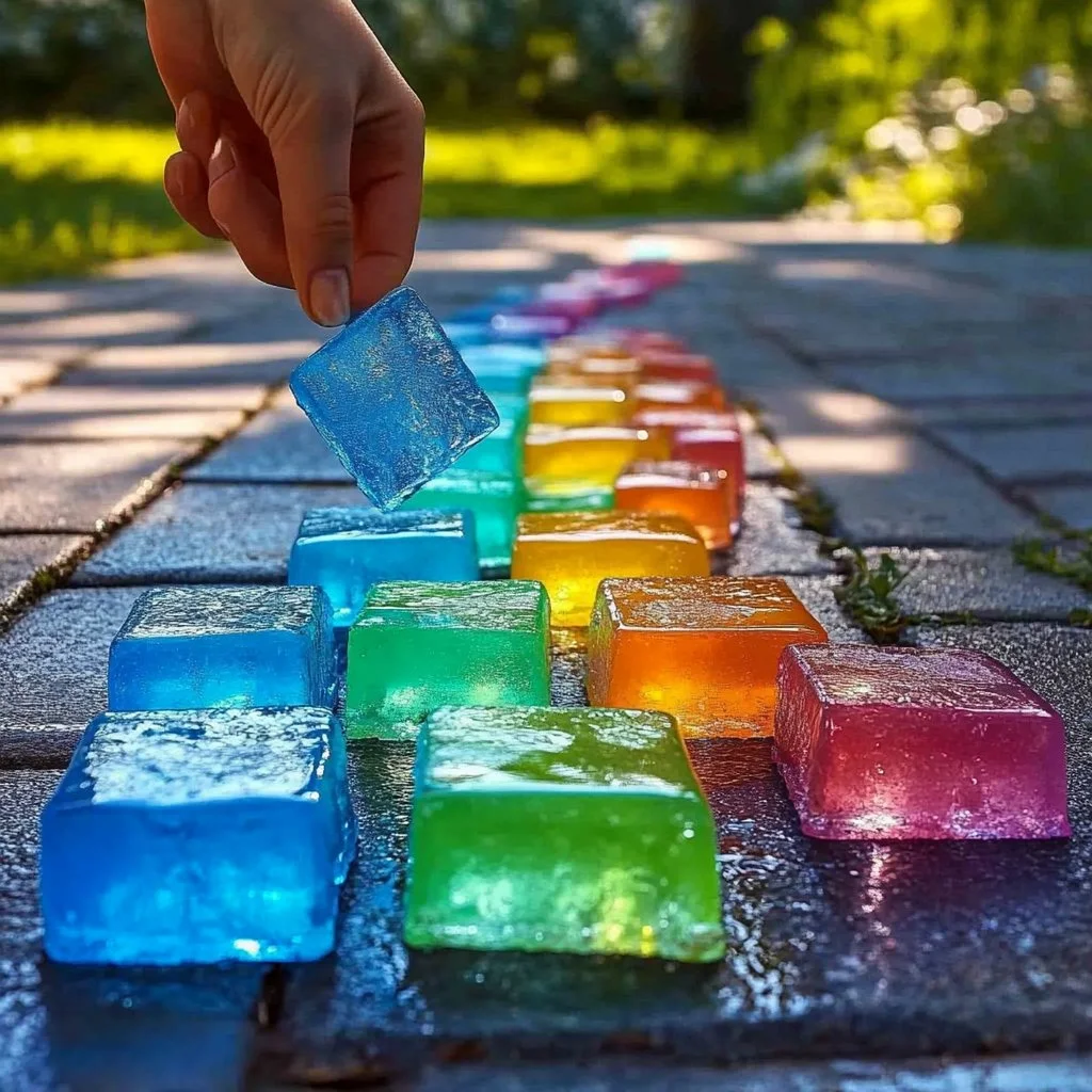 Child drawing with vibrant Ice Chalk on a sidewalk during summer