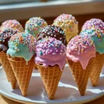 Ice Cream Cone Cake Pops decorated with colorful sprinkles
