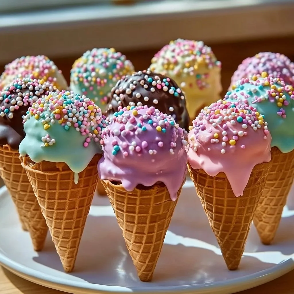 Ice Cream Cone Cake Pops decorated with colorful sprinkles