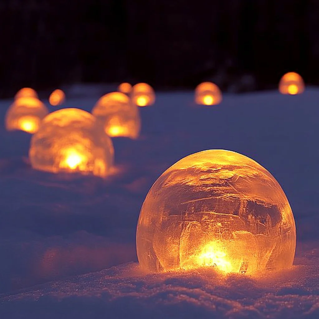 Unique ice luminaries glowing in the night, adding charm to winter events.