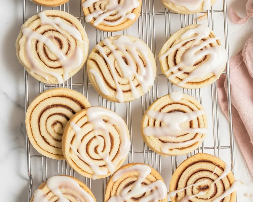 Freshly baked irresistible cinnamon roll cookies with gooey filling and cream cheese frosting.