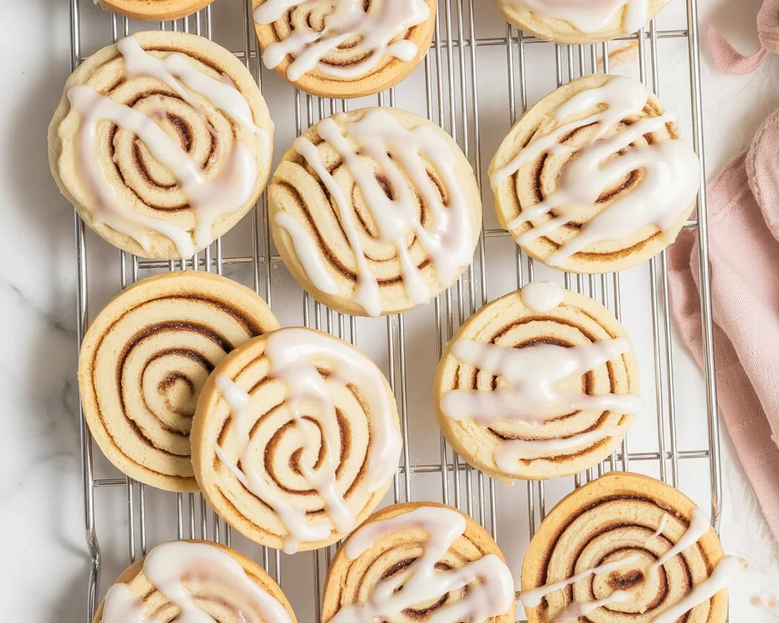 Freshly baked irresistible cinnamon roll cookies with gooey filling and cream cheese frosting.