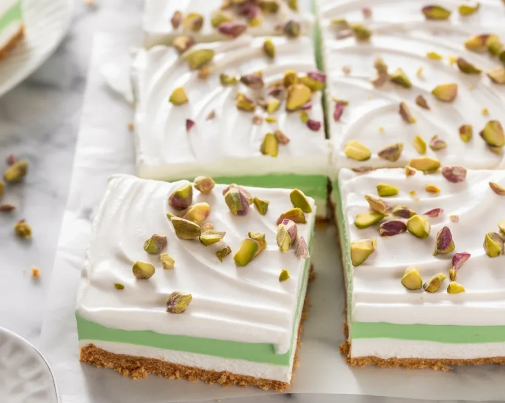 Layered pistachio dessert with whipped cream and chopped pistachios on top.