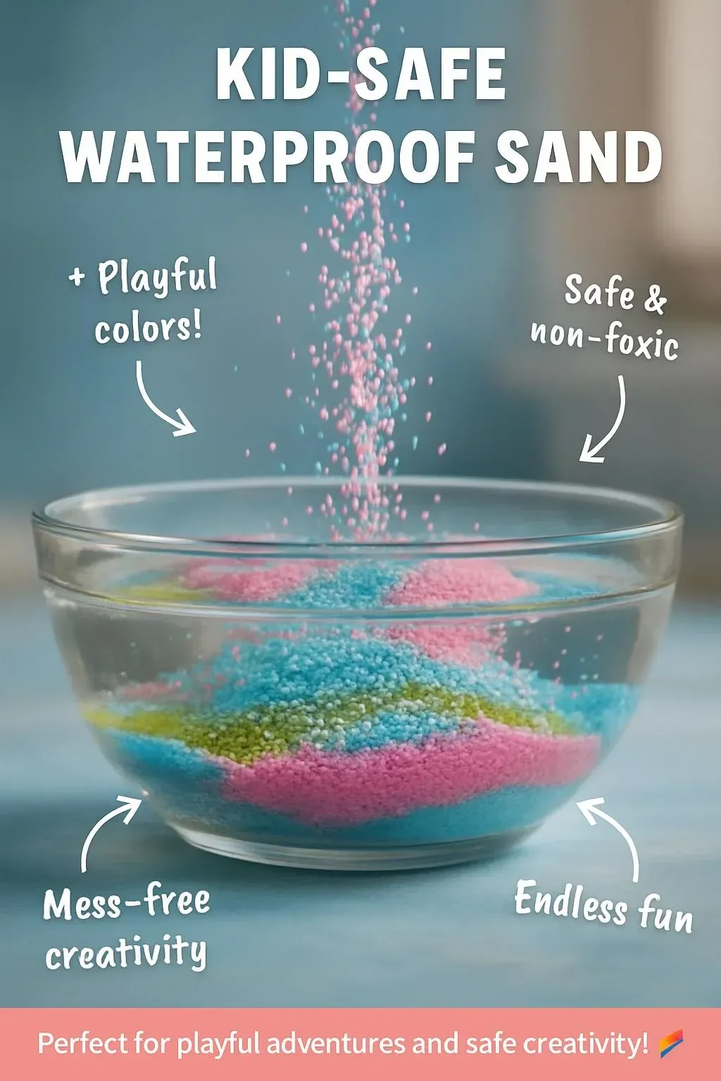 Kid-safe waterproof sand for safe outdoor play and creative activities.