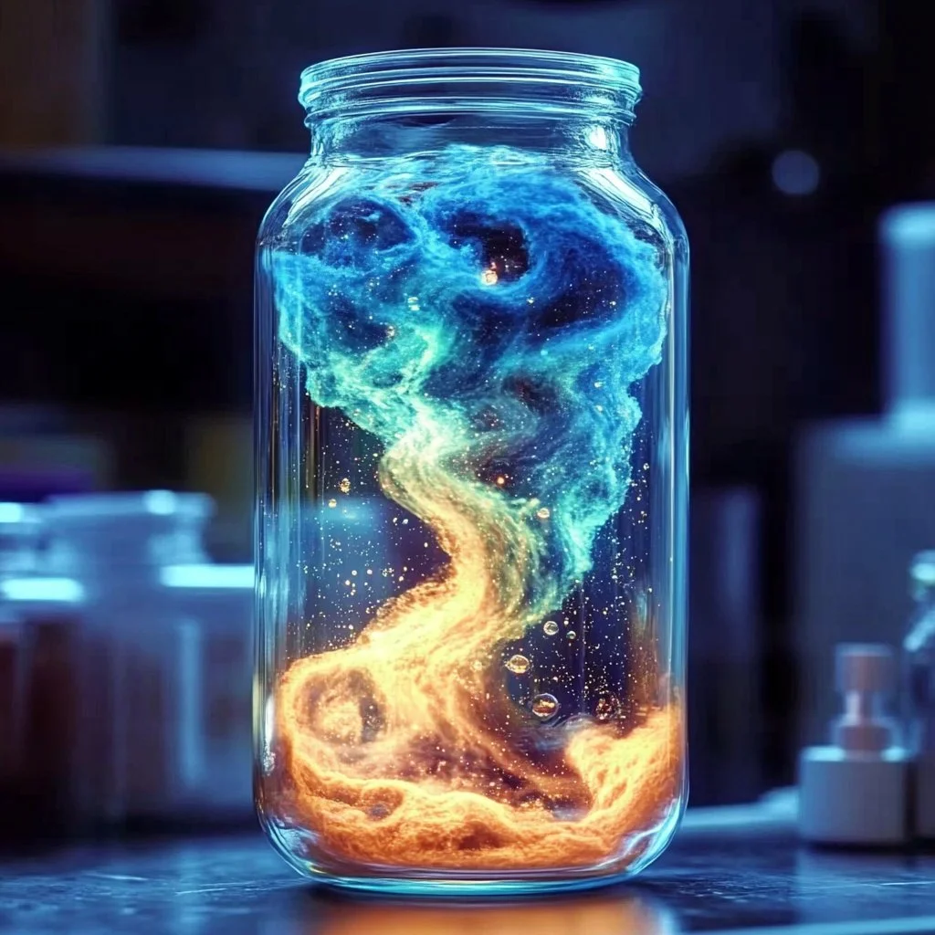 Colorful lava lamp glowing in a dark room during a science experiment