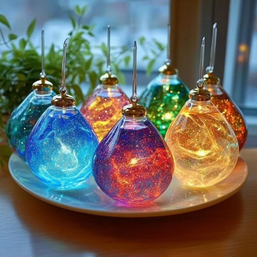 Lava lamp style suncatchers creating colorful light reflections