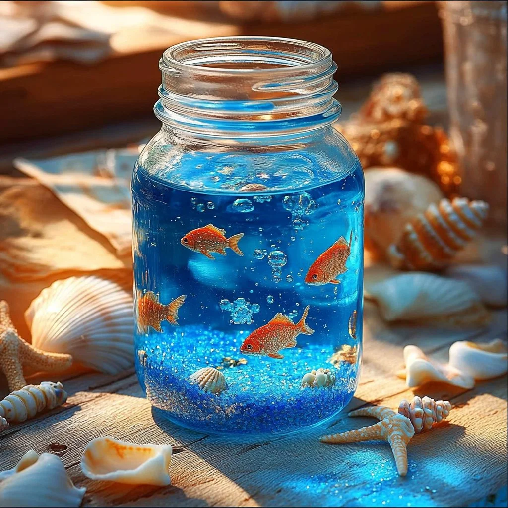 A beautifully designed Mason Jar Aquarium with colorful fish and aquatic plants.