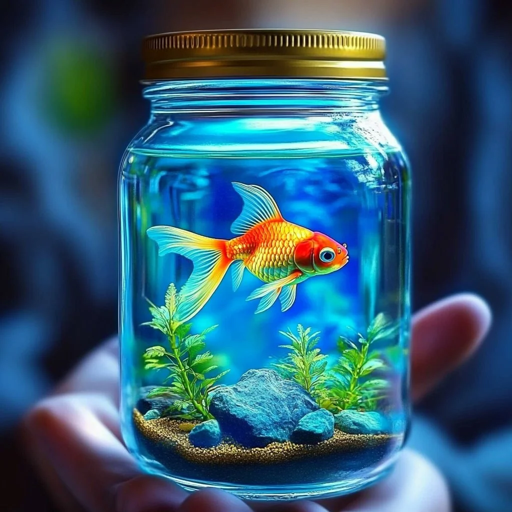 Mason jar aquarium with colorful fish and aquatic plants.