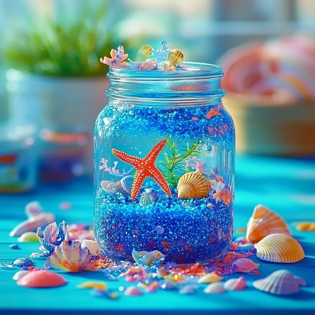 Mason jar aquarium craft featuring colorful fish and aquatic plants.