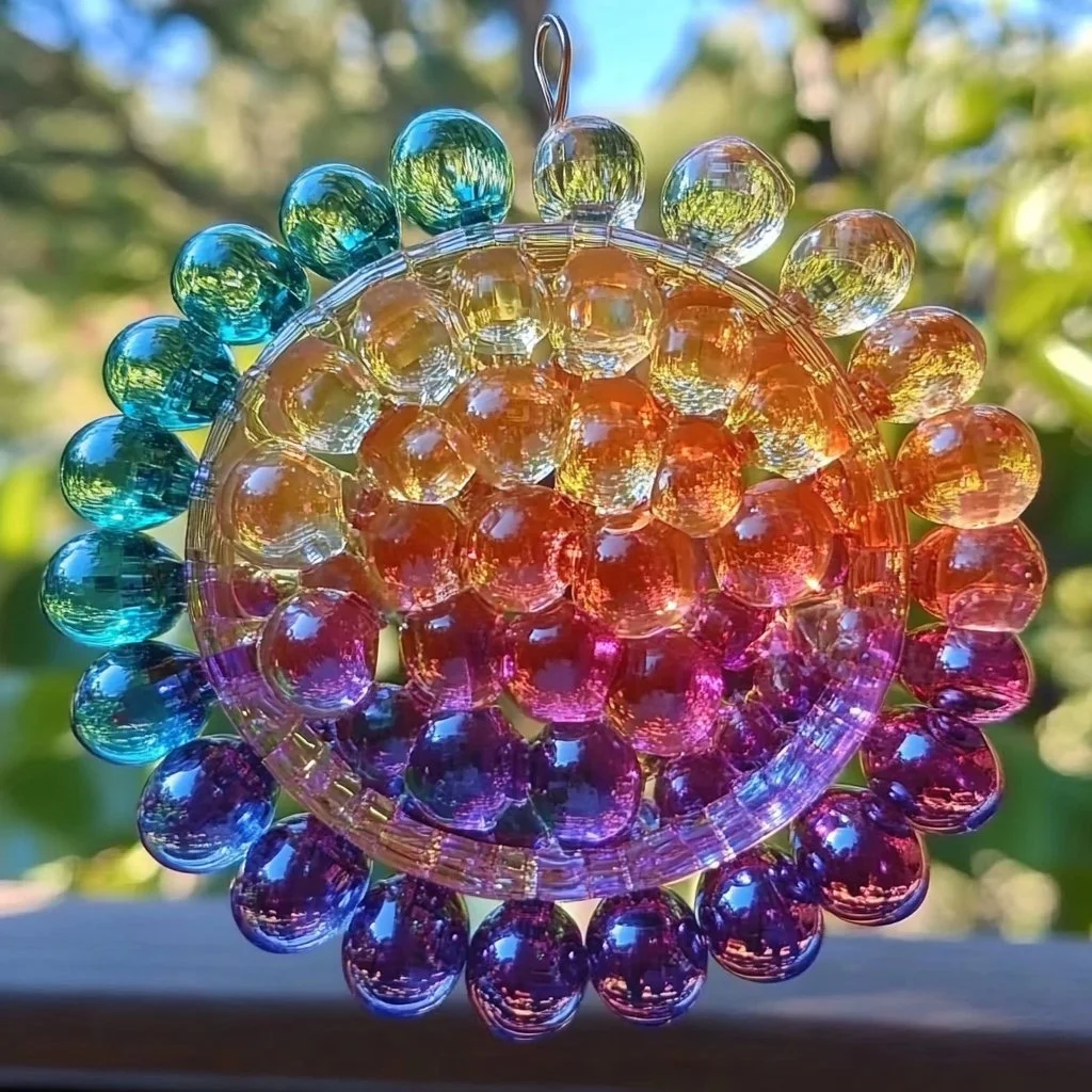 Colorful melted bead suncatchers reflecting sunlight through a window.