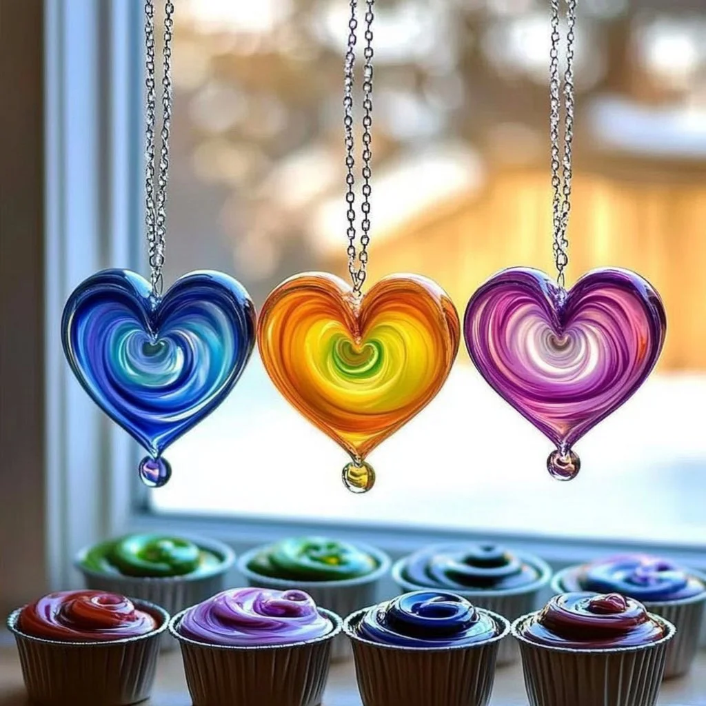 Colorful melted bead suncatchers hanging in sunlight, casting vibrant patterns.