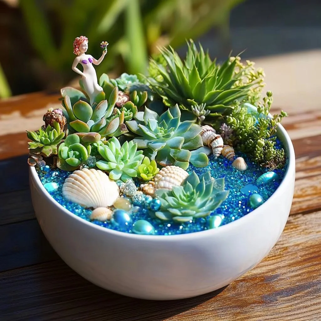 Whimsical Mermaid Garden featuring colorful succulents and enchanting decorations.