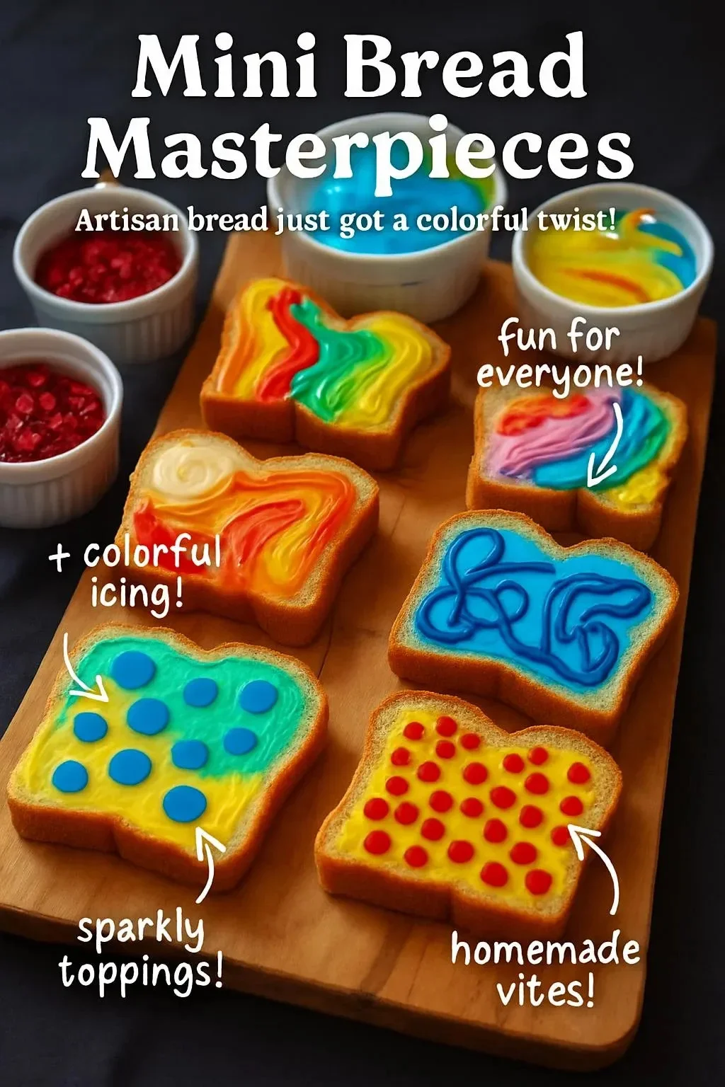 A variety of mini bread masterpieces artfully arranged on a wooden platter.
