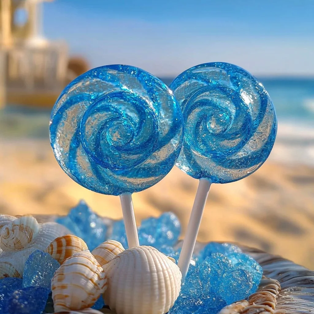 Vibrant ocean swirl lollipops showcasing colorful spiral patterns.