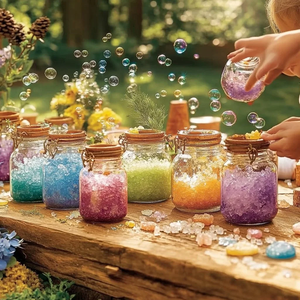 A vibrant outdoor potion experiment showcasing colorful natural ingredients.