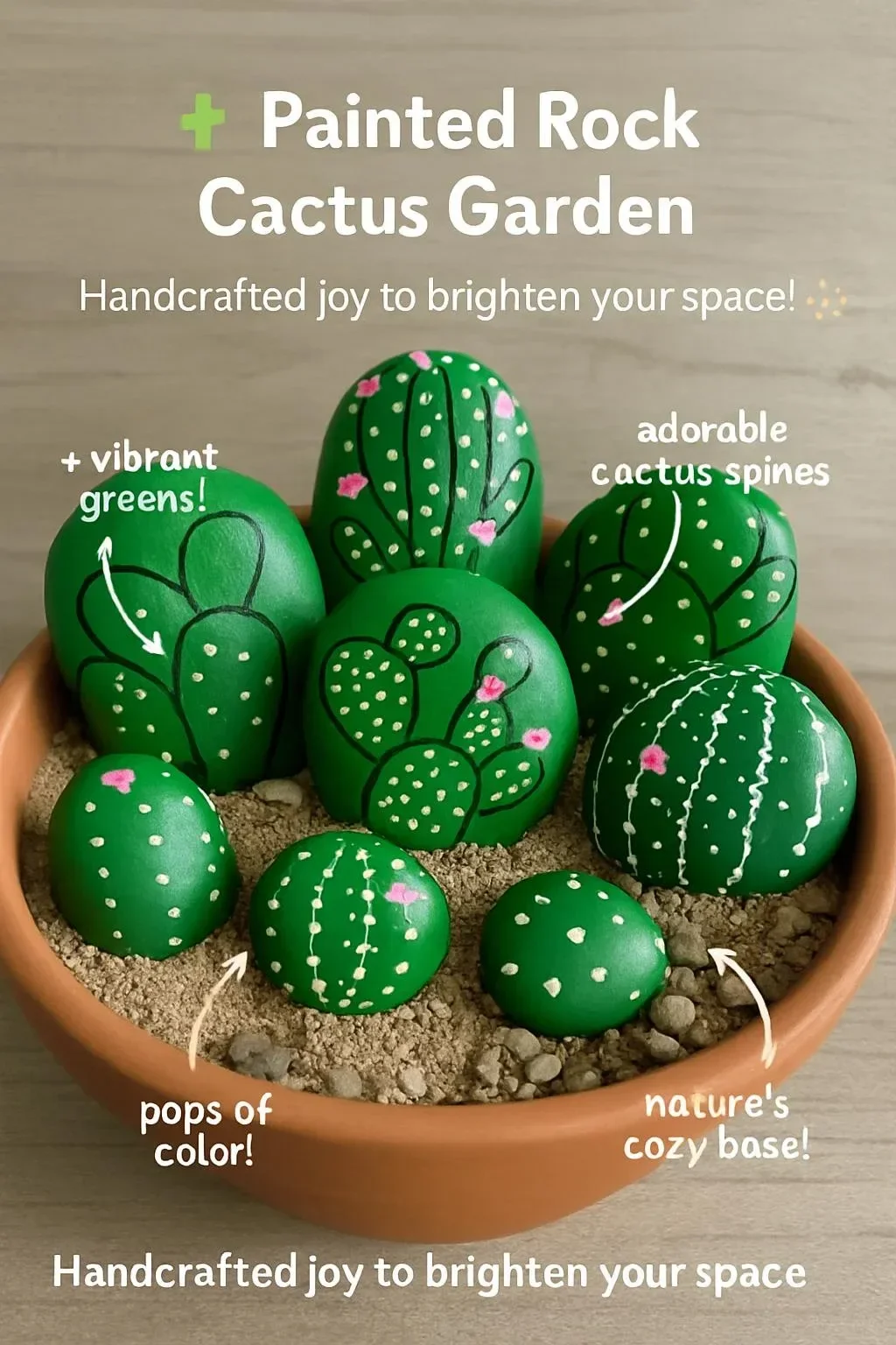 Vibrant painted rocks in a cactus garden with various colorful designs.