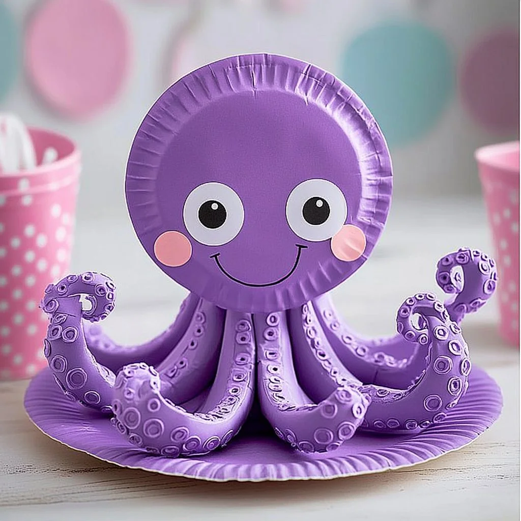 Colorful paper plate octopus craft for kids made with fun art supplies.