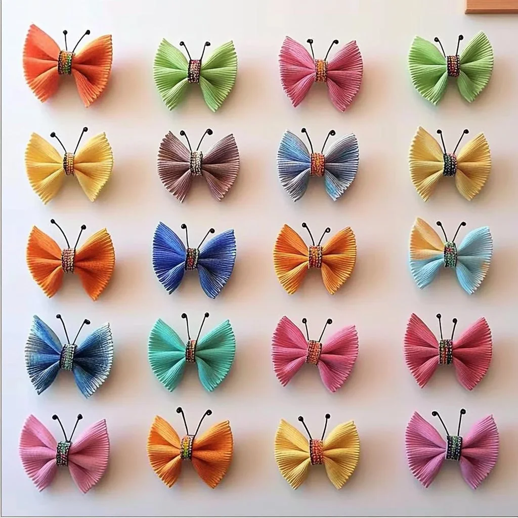 Colorful pasta butterflies craft made by children using various pasta shapes.