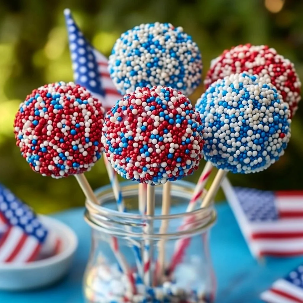Red, white, and blue patriotic cake pops for festive celebrations