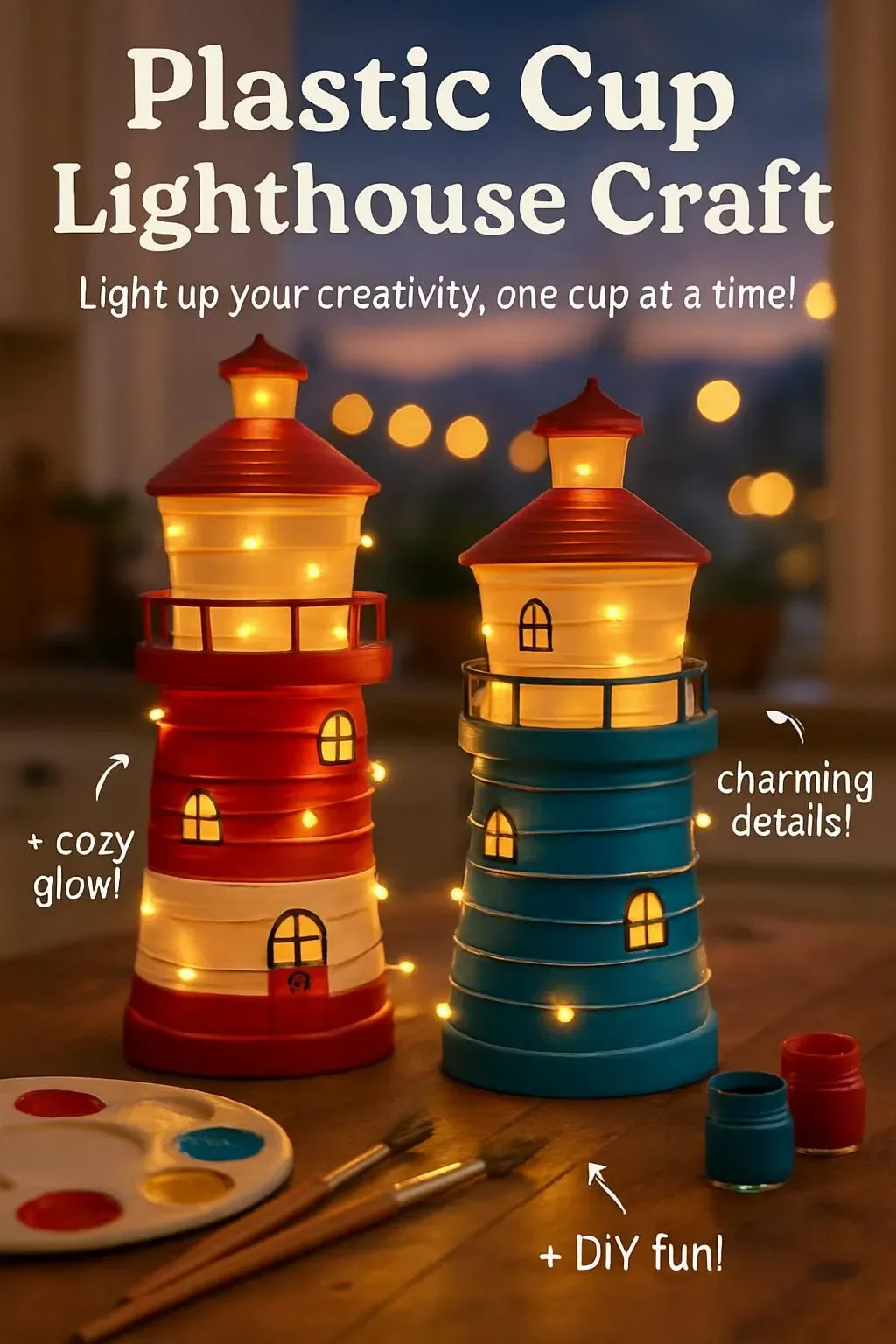 Colorful plastic cup lighthouse craft project for kids.