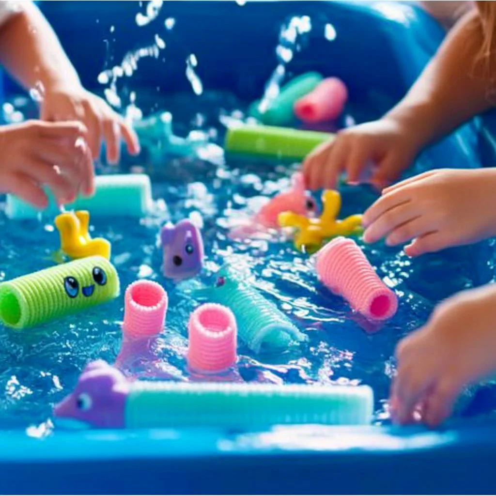 Colorful pool noodle fish friends designed for creative summer play.