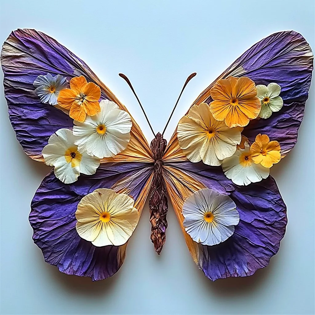 Pressed flower butterfly craft project with vibrant colored flowers