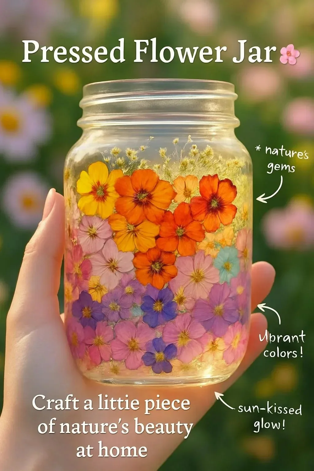 Beautifully arranged pressed flower jar showcasing vibrant dried flowers.