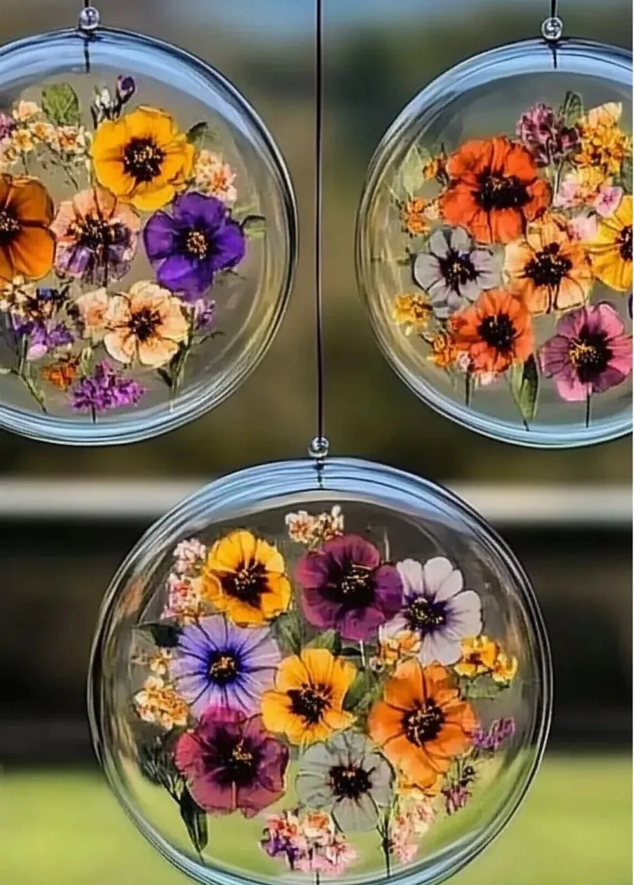 Colorful pressed flower suncatcher hanging in window