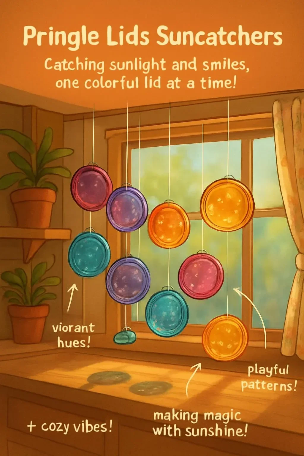 Colorful Pringle lids transformed into beautiful suncatchers.