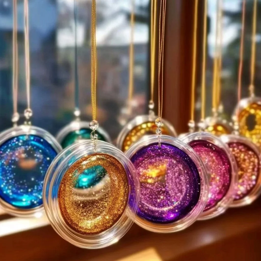 Colorful suncatchers made from Pringle lids hanging in a window.