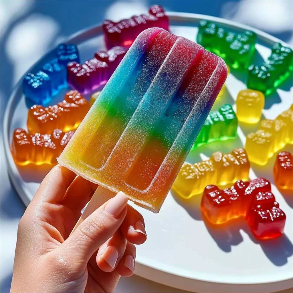 Rainbow gummy soda pops in various colors and shapes, perfect for a sweet treat.