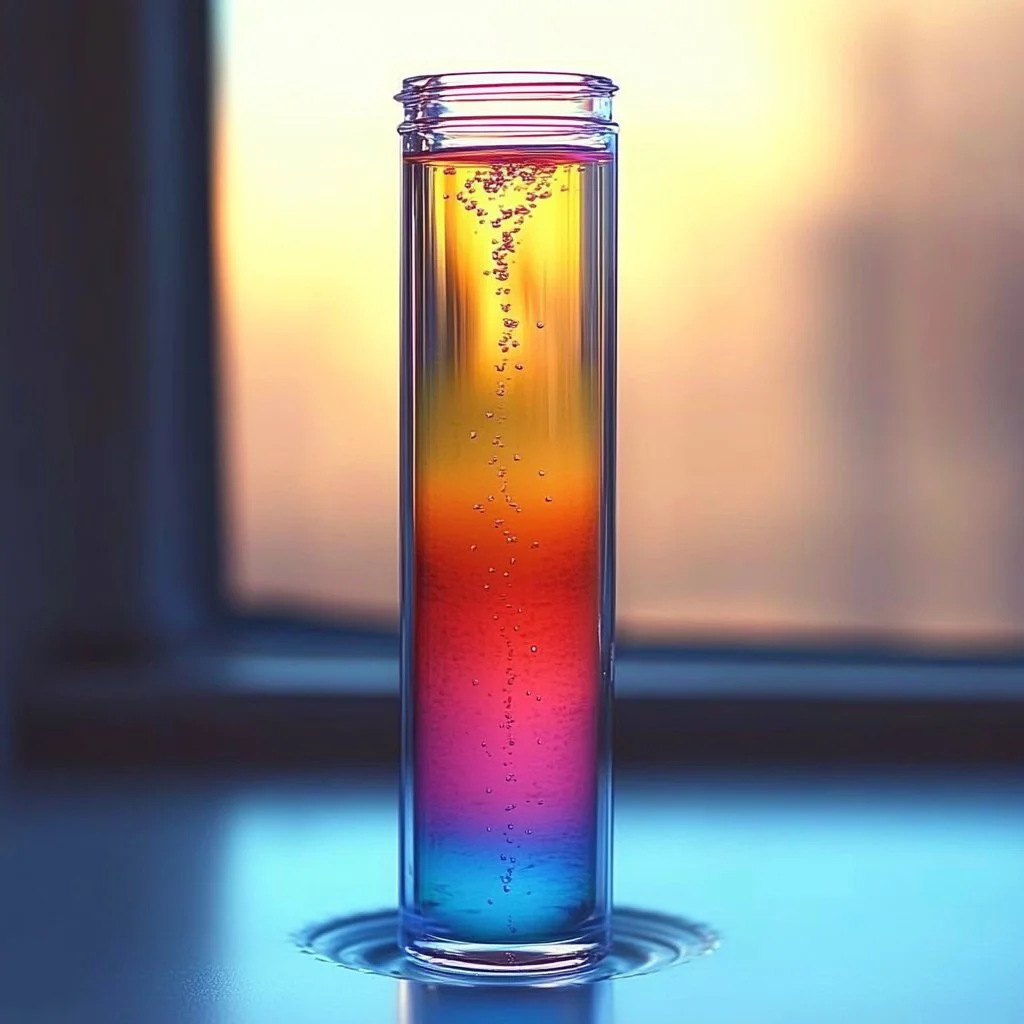 Colorful layers of liquid creating a rainbow in a jar.