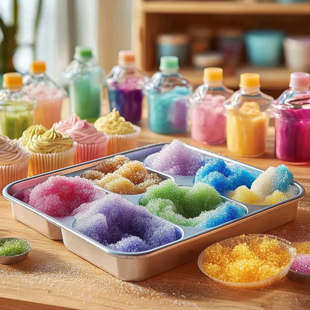 Colorful rainbow sugar explosions in various shapes and sizes