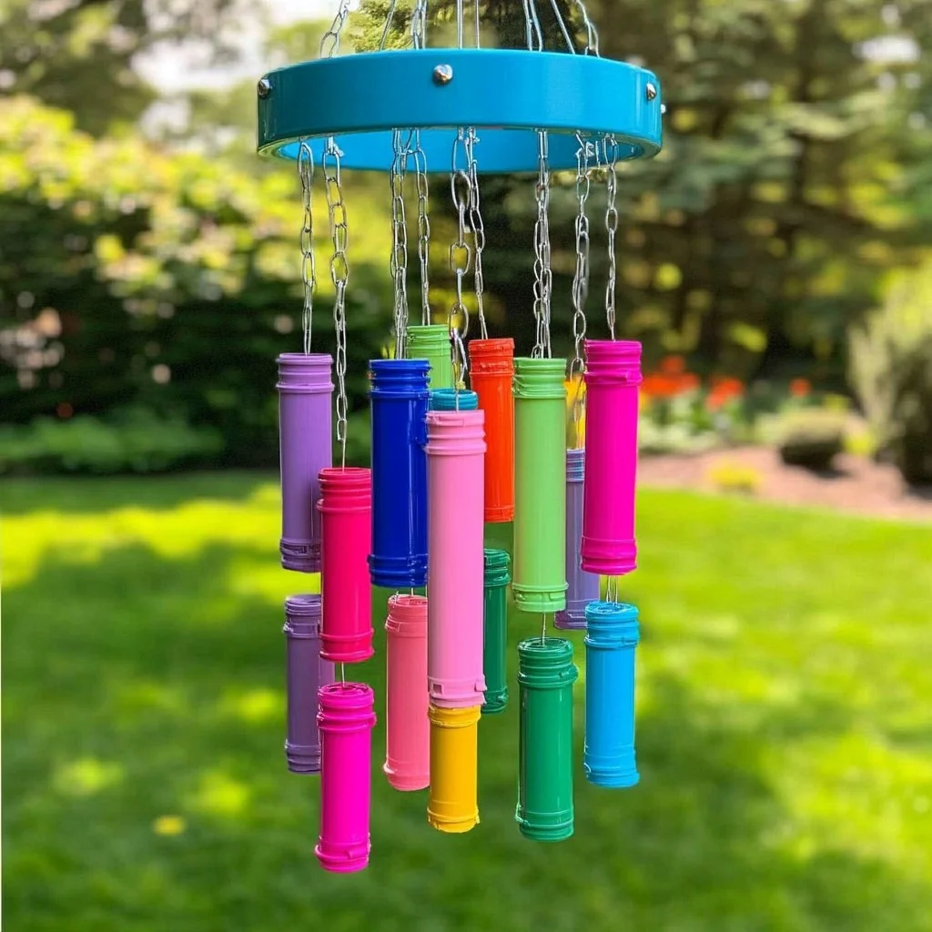 Colorful wind chimes made from recycled marker caps hanging outdoors.