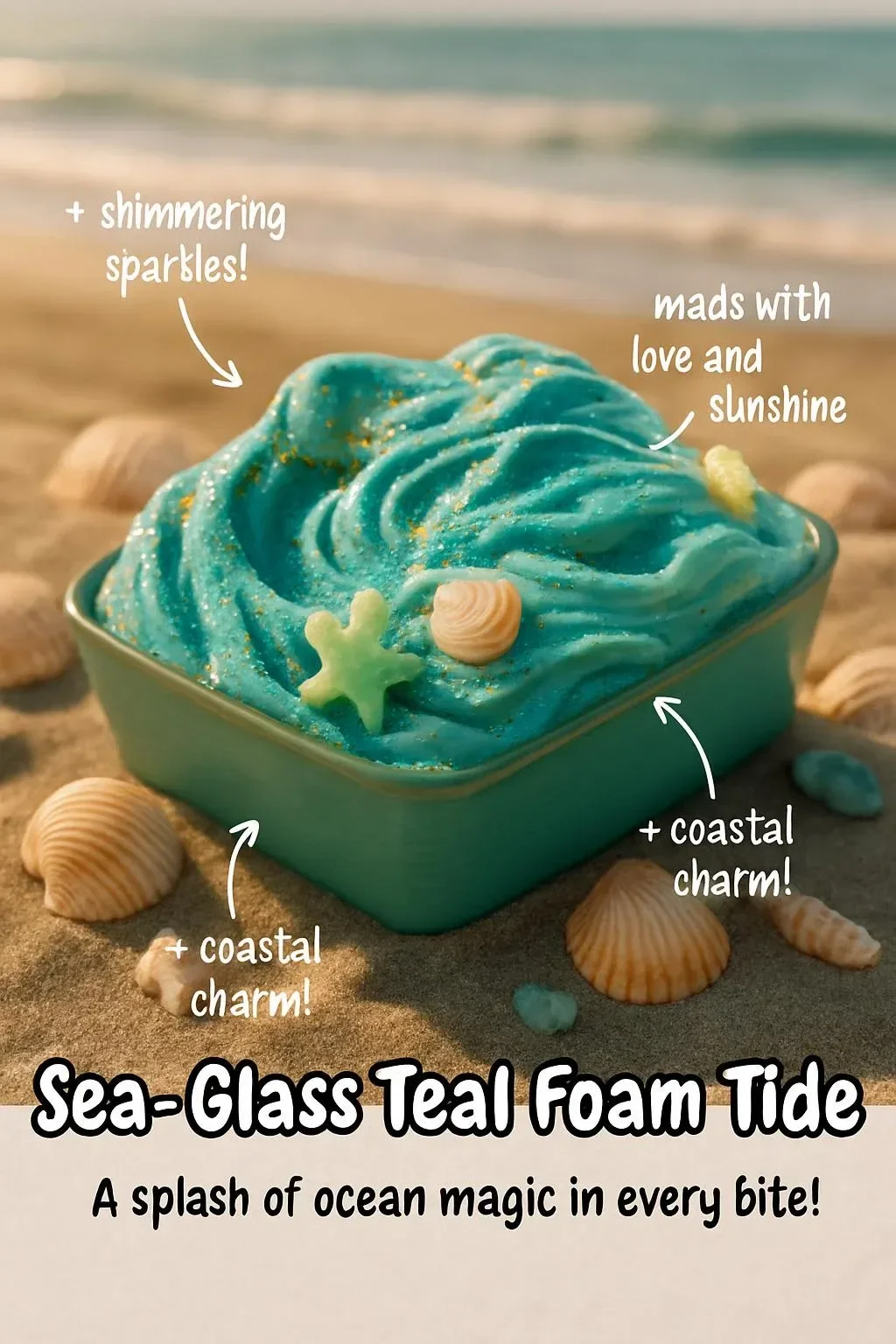 A beautiful sea-glass teal foam tide gently washing over sandy shores