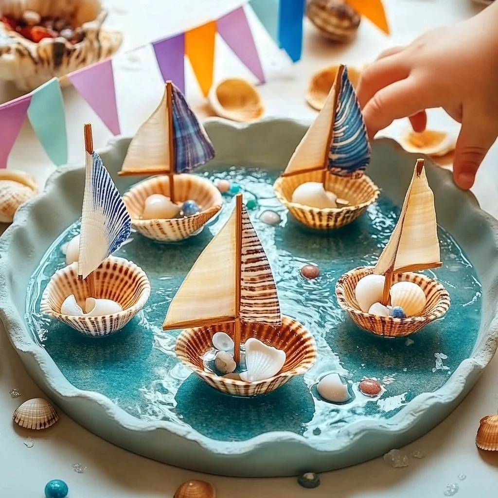 Colorful seashell sailboats displayed on a wooden table, showcasing unique nautical art.