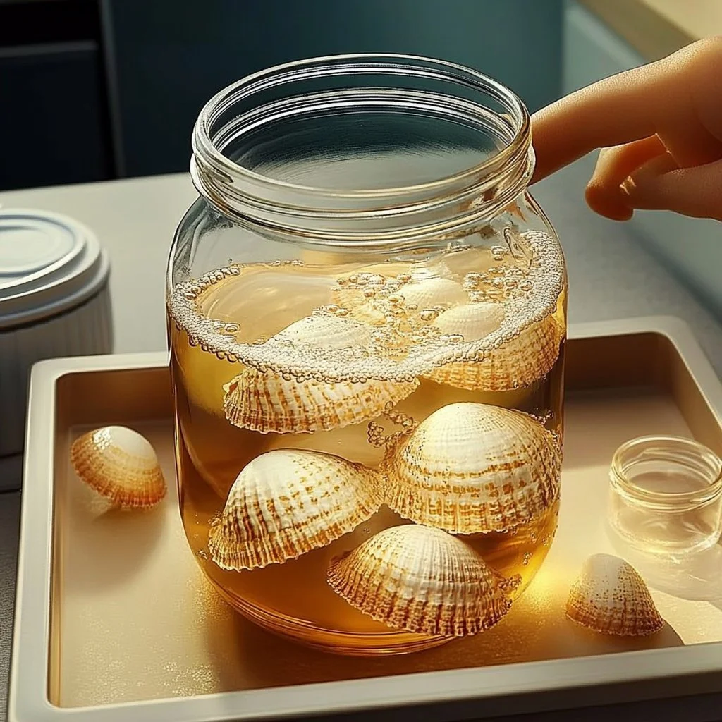 Seashells in vinegar experiment showcasing the reaction and results.