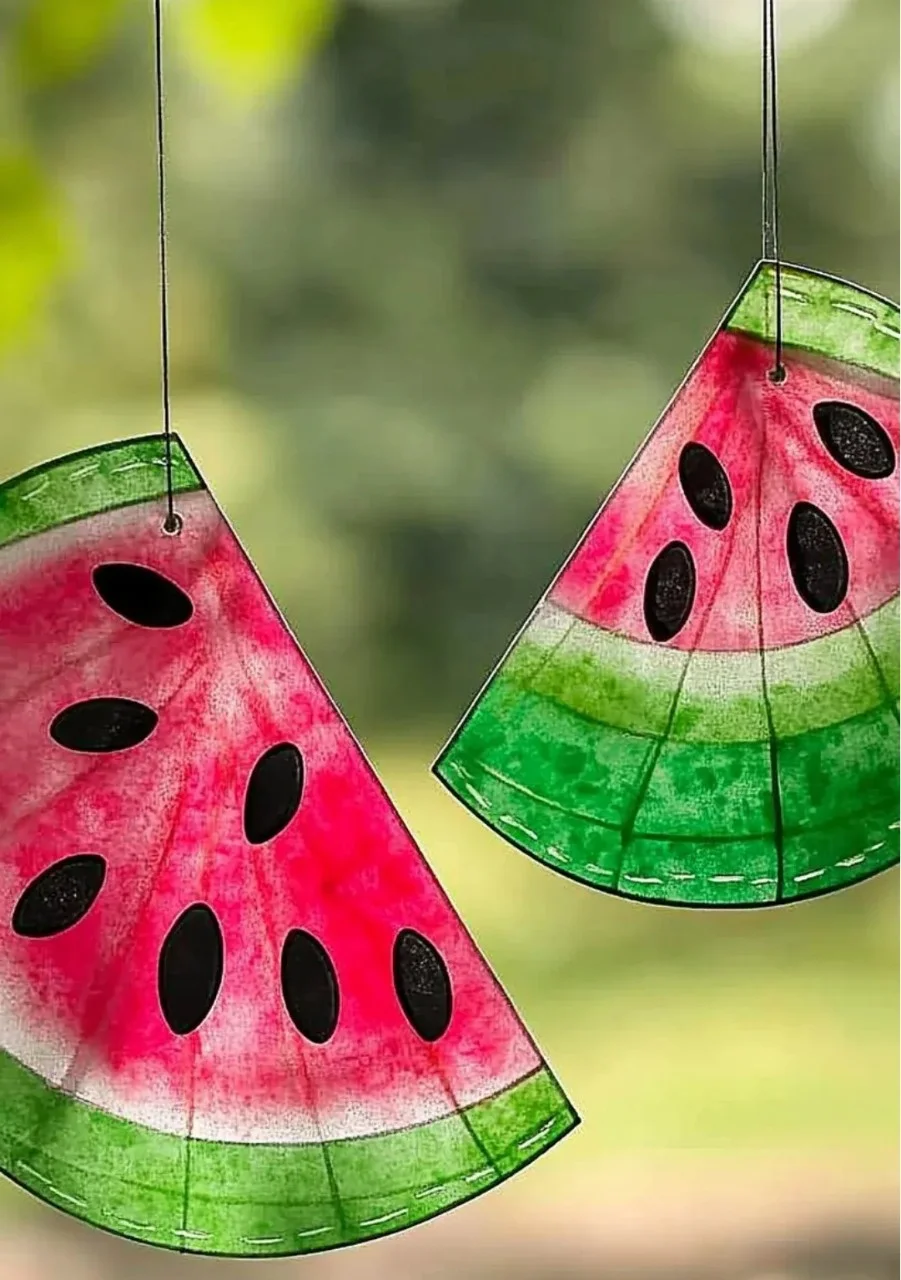 A juicy slice of summer glows in the window, showcasing pink squares and tiny black seeds.