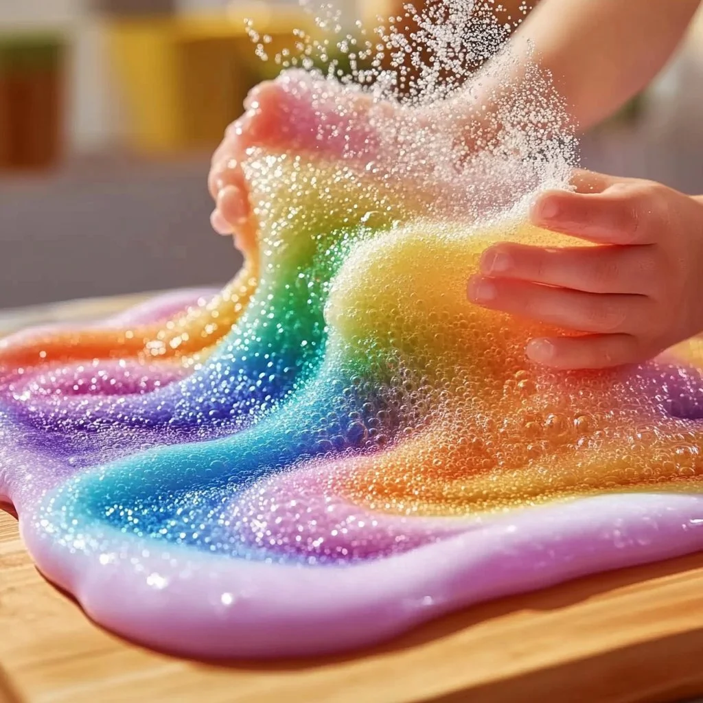 Sparkling rainbow bubble slime with unique twist effects for sensory play