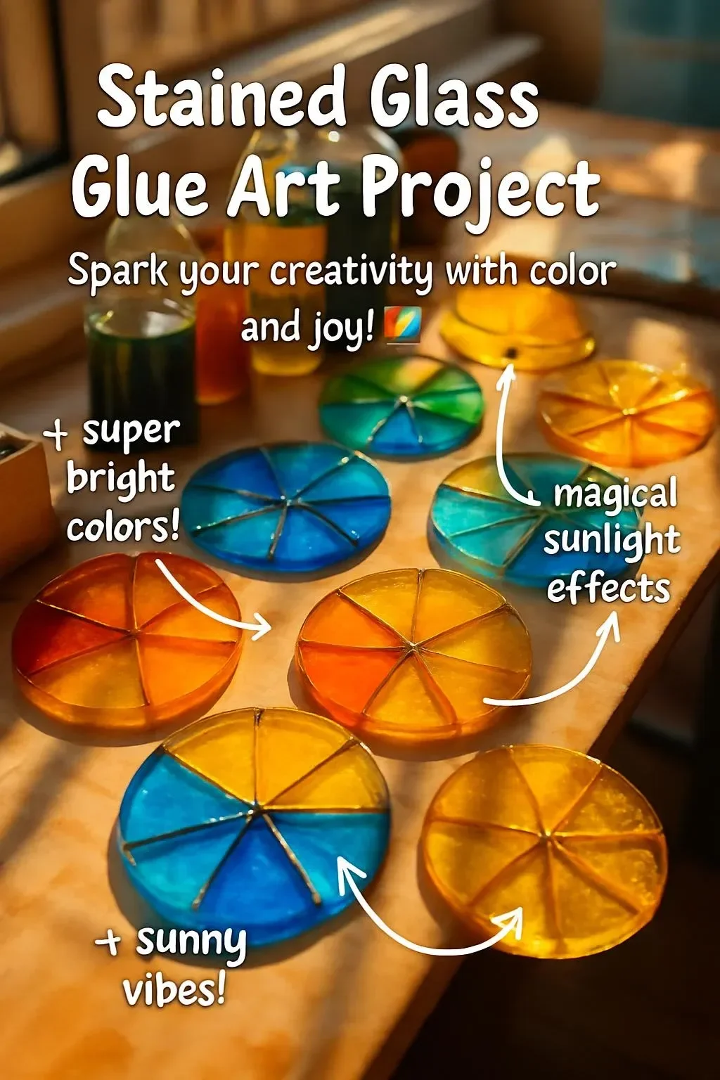 Colorful stained glass glue art project showcasing intricate designs and techniques