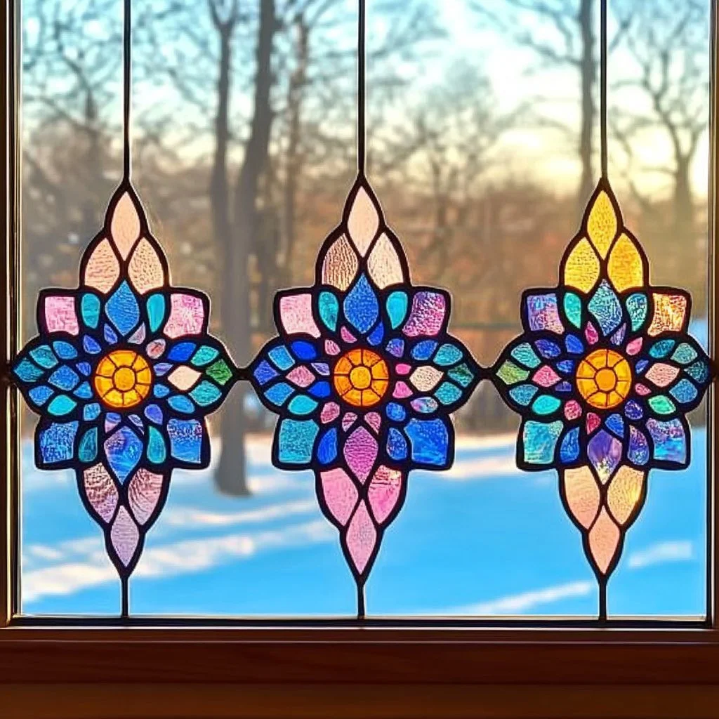 Stained glass snowflake suncatcher reflecting sunlight