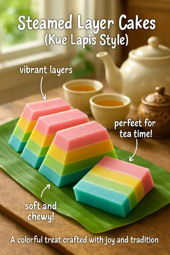 Steamed layer cakes Kue Lapis style with colorful layers on a plate.