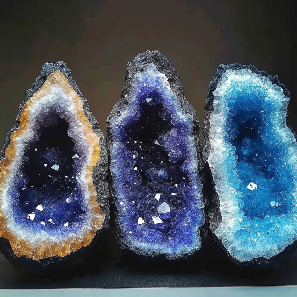 Close-up of sparkling glue crystals in colorful sugar geodes.